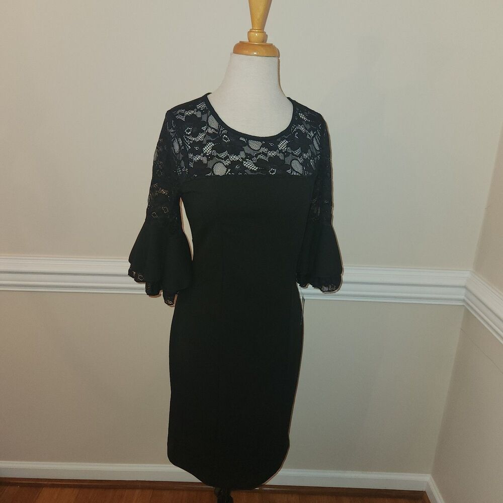 Ryan Michelle Women’s Black With Lace Sheath Dress Bell Sleeves Size M